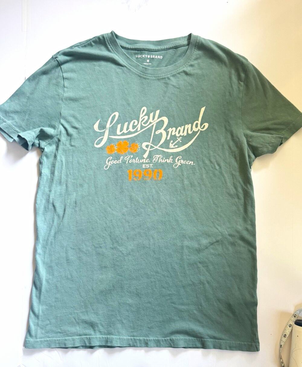 Lucky Brand Men’s Medium Green Graphic T-Shirt Good Fortune Think Green 1990